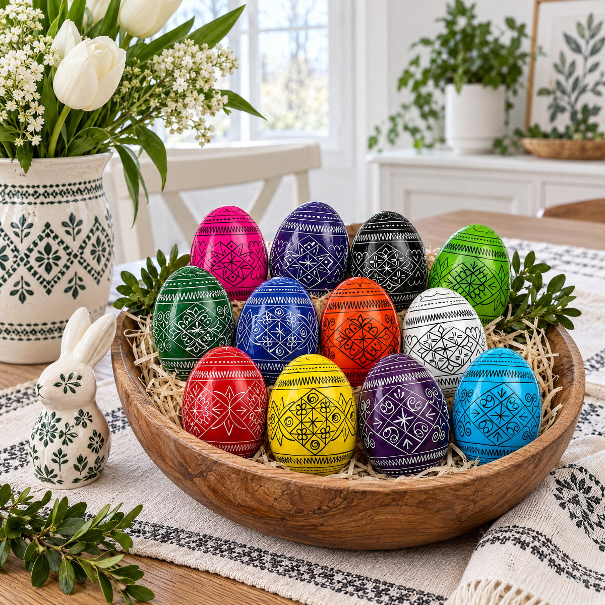 Set of 12 Multicolored Hand Painted Ukrainian Wooden Easter Eggs 2.5 Inches