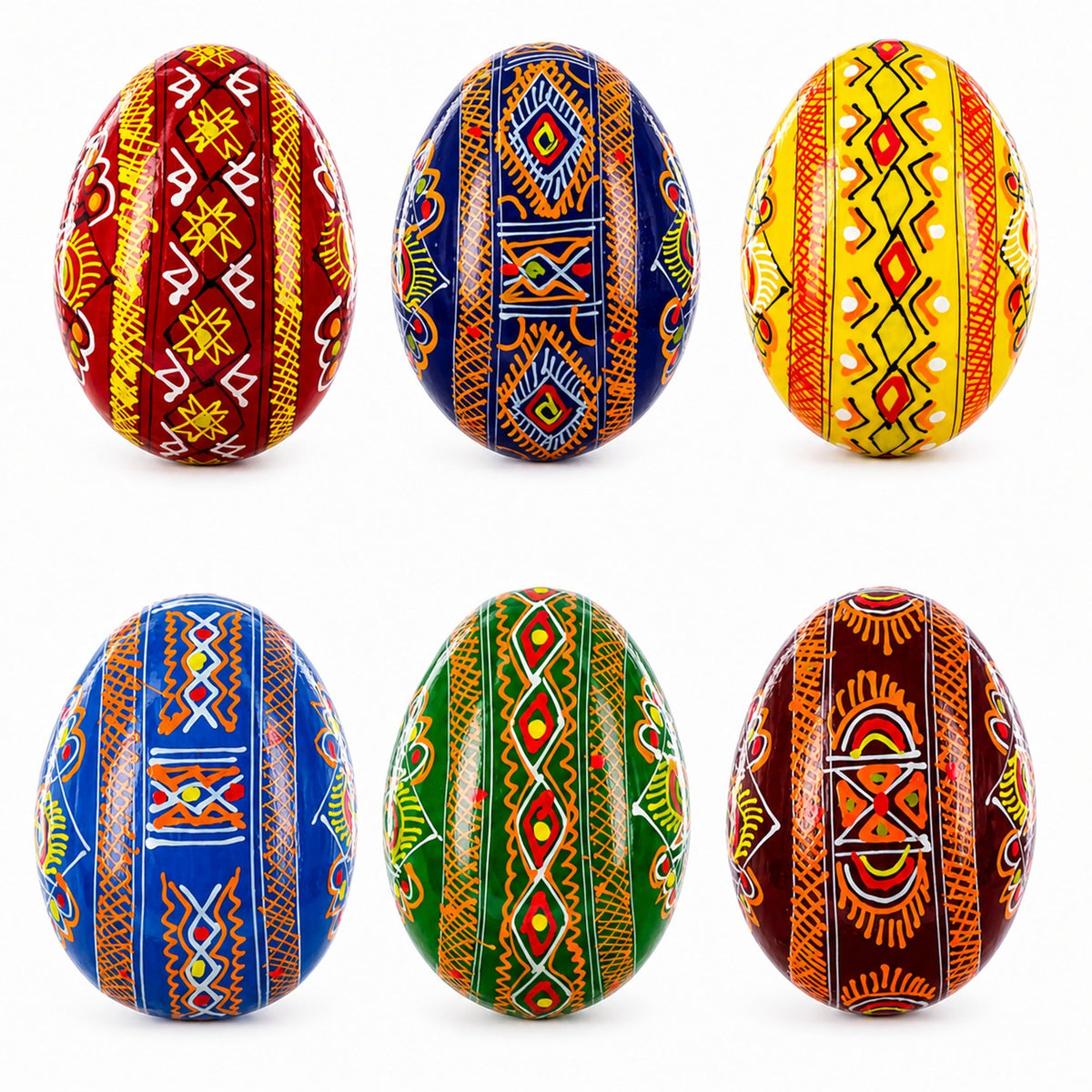 Set of 6 Folk Art Patterns Wooden Ukrainian Easter Eggs 2.5 Inches