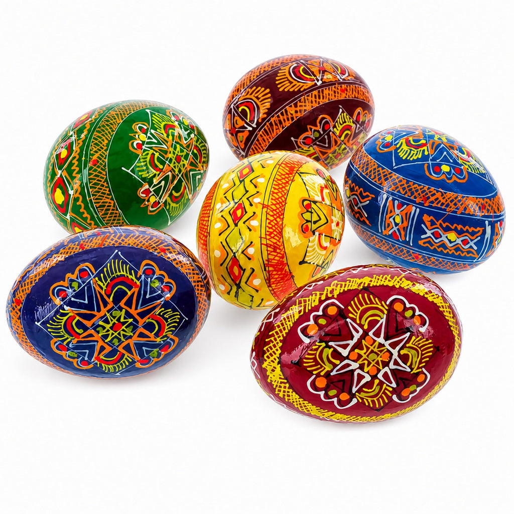 Set of 6 Folk Art Patterns Wooden Ukrainian Easter Eggs 2.5 Inches