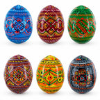 Set of 6 Geometric Pysanky Ukrainian Wooden Easter Eggs 2.5 Inches