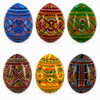 Set of 6 Geometric Pysanky Ukrainian Wooden Easter Eggs 2.5 Inches
