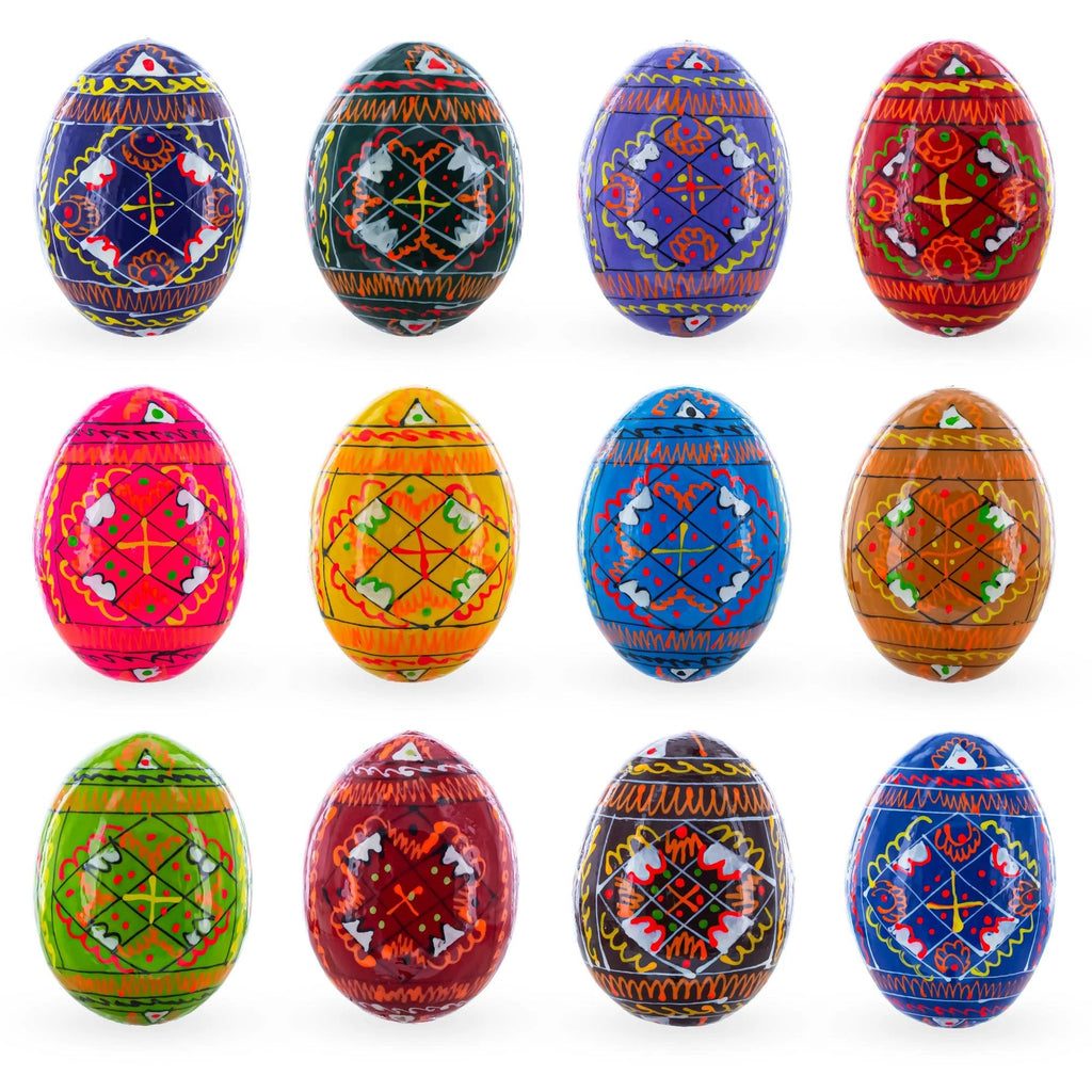 Set of 12 Handcrafted Geometric Ukrainian Pysanky Wooden Easter Eggs 2.5 Inches by BestPysanky