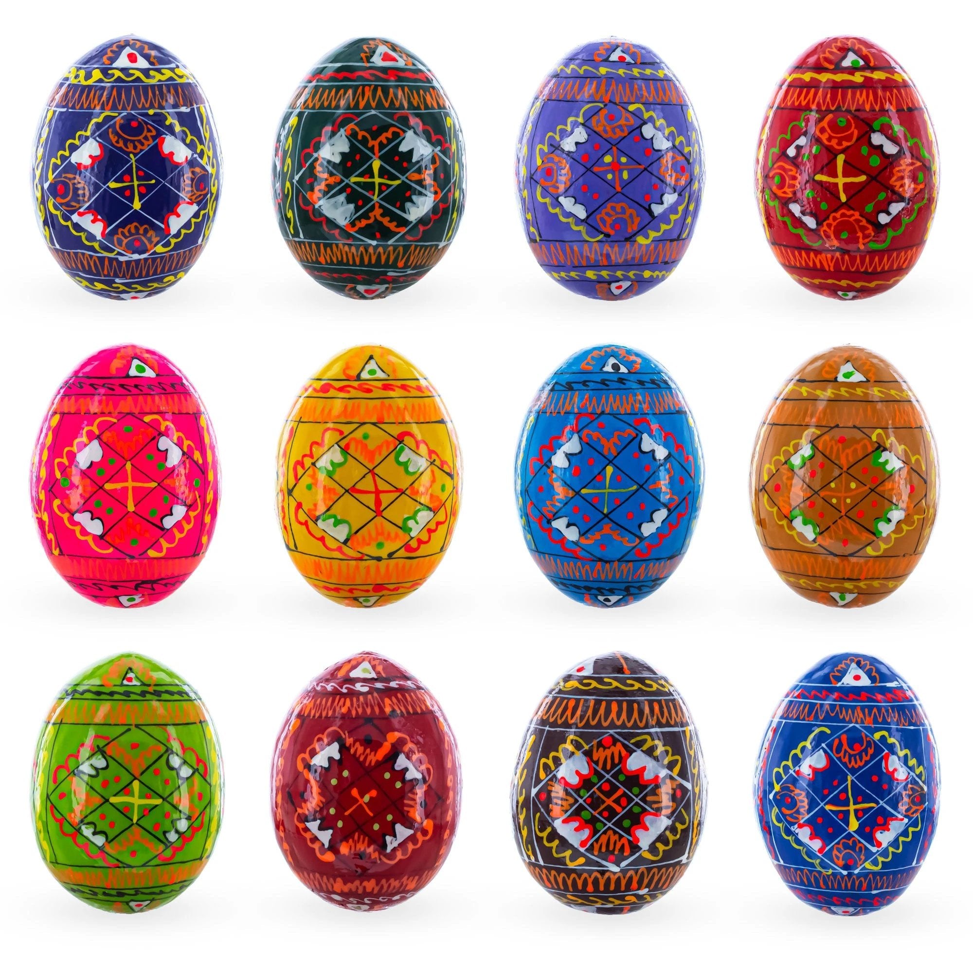 Set of 12 Handcrafted Geometric Ukrainian Pysanky Wooden Easter Eggs 2.5 Inches by BestPysanky