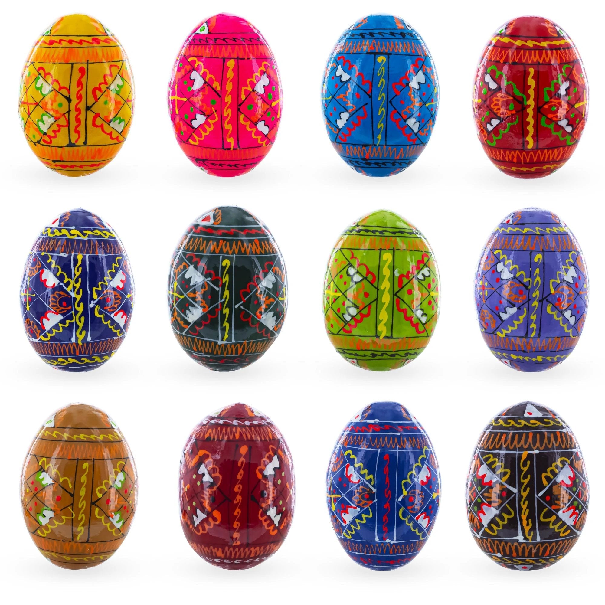 Set of 12 Handcrafted Geometric Ukrainian Pysanky Wooden Easter Eggs 2.5 Inches by BestPysanky