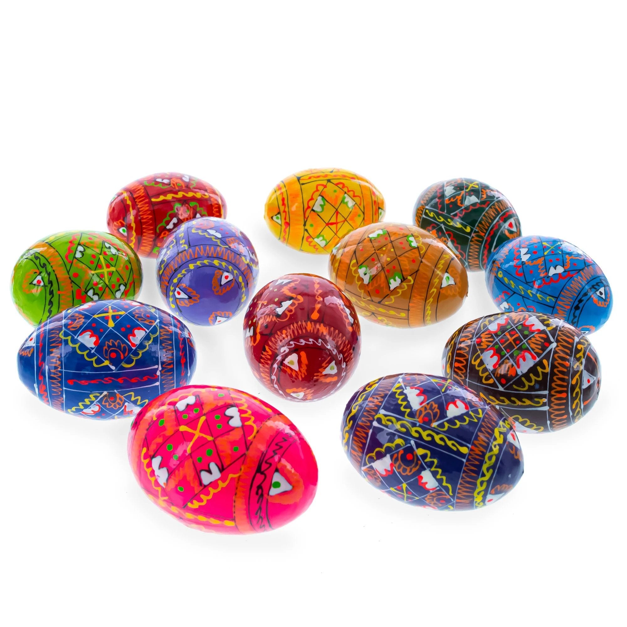Set of 12 Handcrafted Geometric Ukrainian Pysanky Wooden Easter Eggs 2.5 Inches by BestPysanky