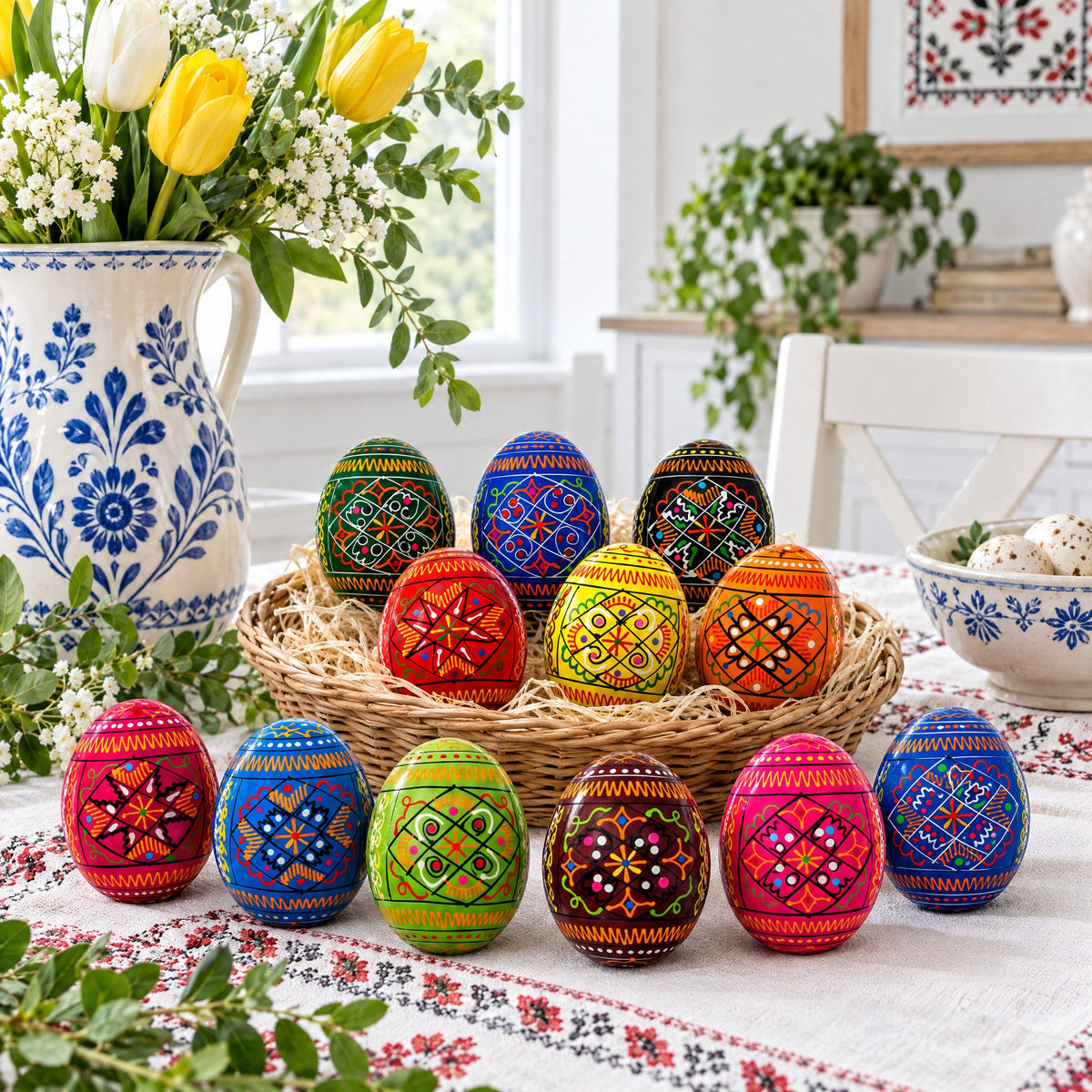 Set of 12 Geometrical Wooden Ukrainian Easter Eggs Pysanky 2.5 Inches