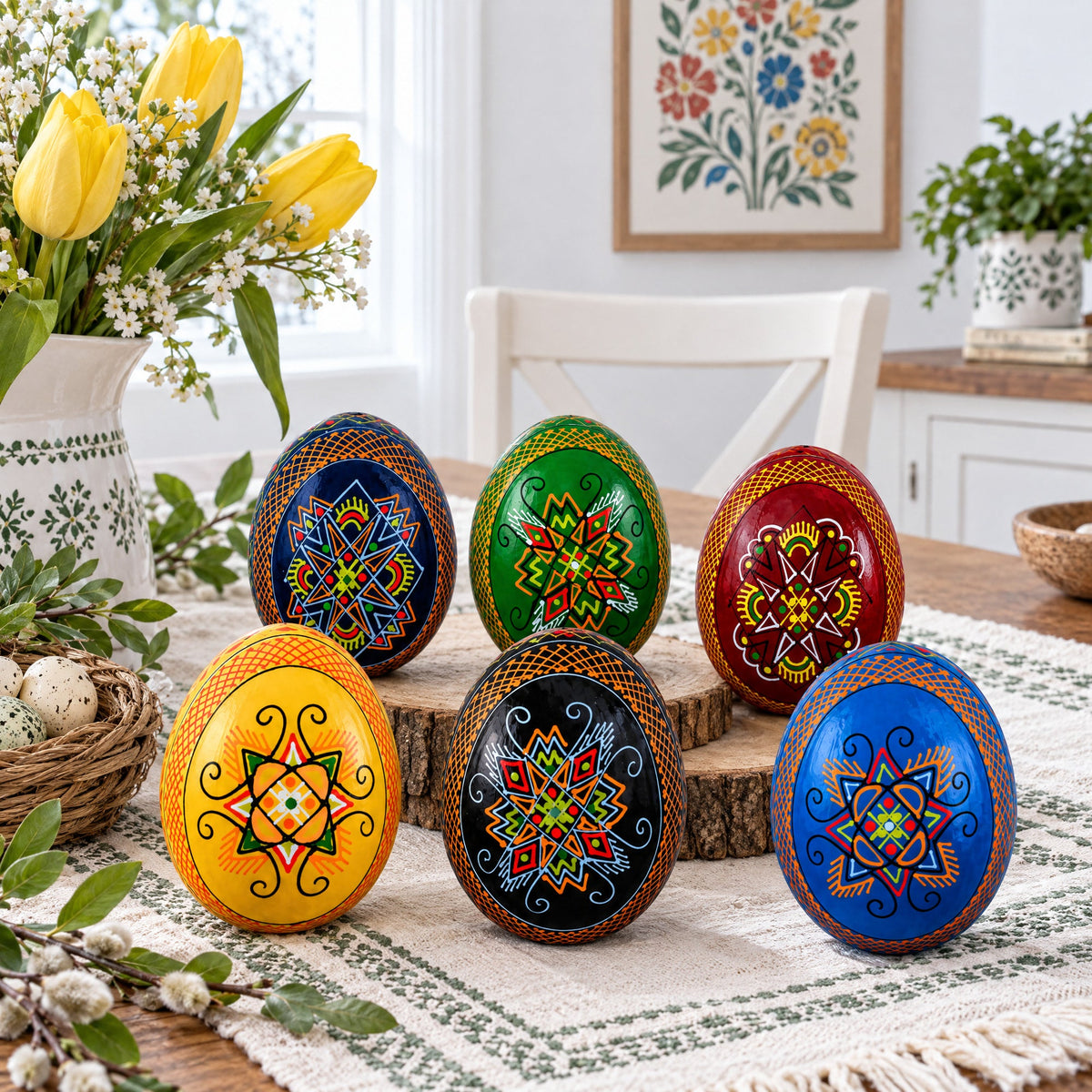 Set of 6 Multicolor Ukrainian Pysanky Wooden Easter Eggs 2.5 Inches