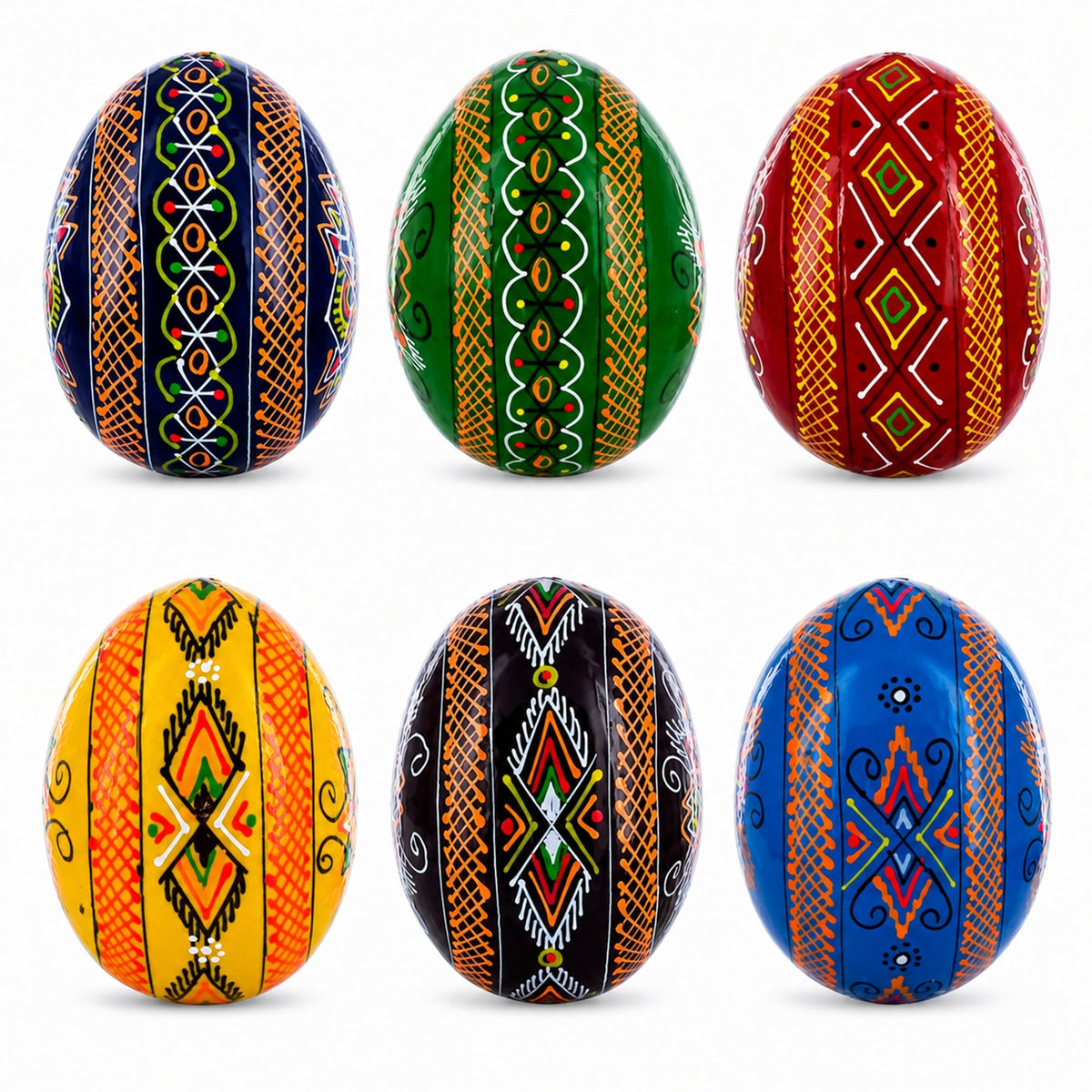 Set of 6 Multicolor Ukrainian Pysanky Wooden Easter Eggs 2.5 Inches