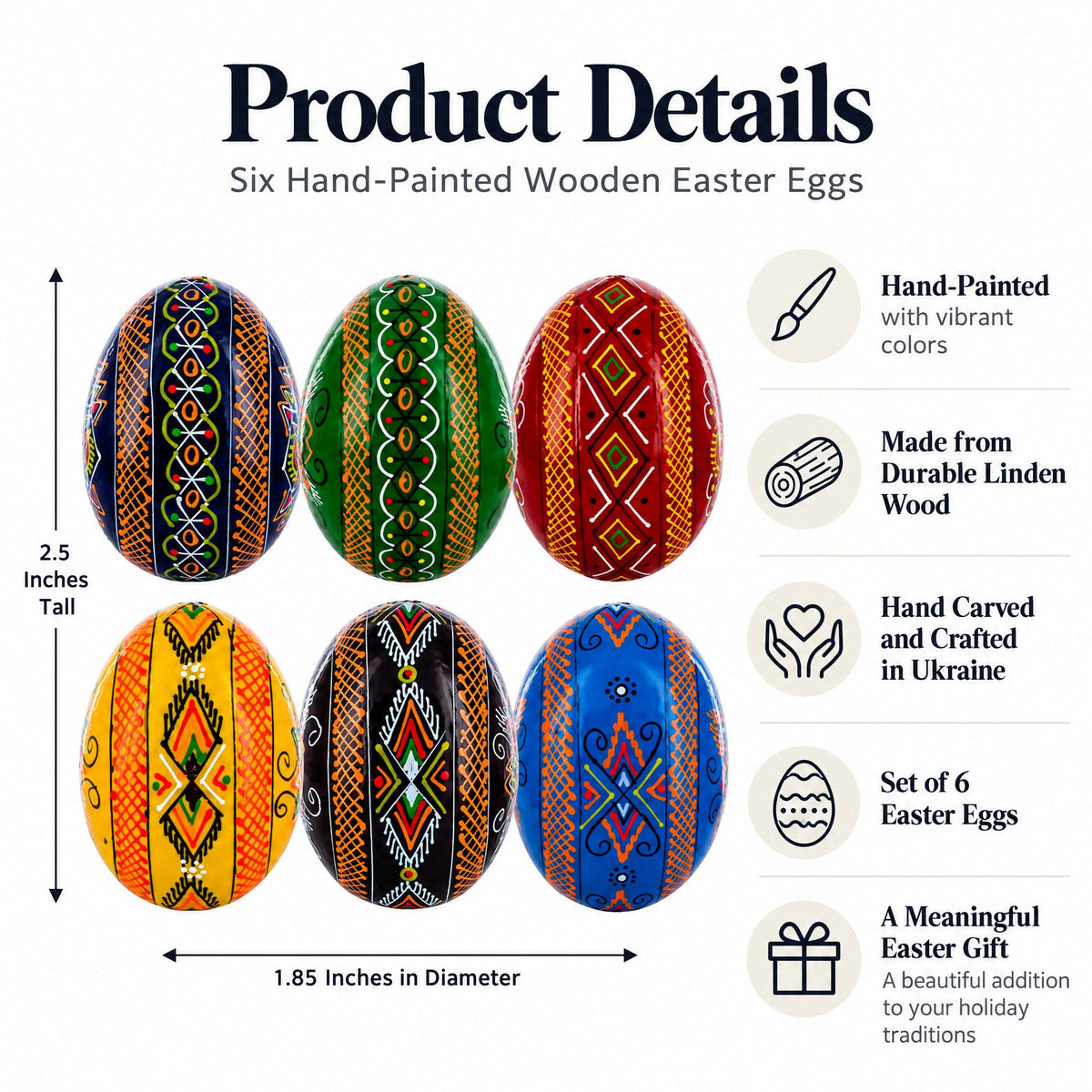 Set of 6 Multicolor Ukrainian Pysanky Wooden Easter Eggs 2.5 Inches