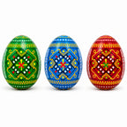 Set of 3 Vibrant Geometric Ukrainian Pysanky Wooden Easter Eggs 2.5 Inches