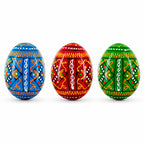 Set of 3 Vibrant Geometric Ukrainian Pysanky Wooden Easter Eggs 2.5 Inches
