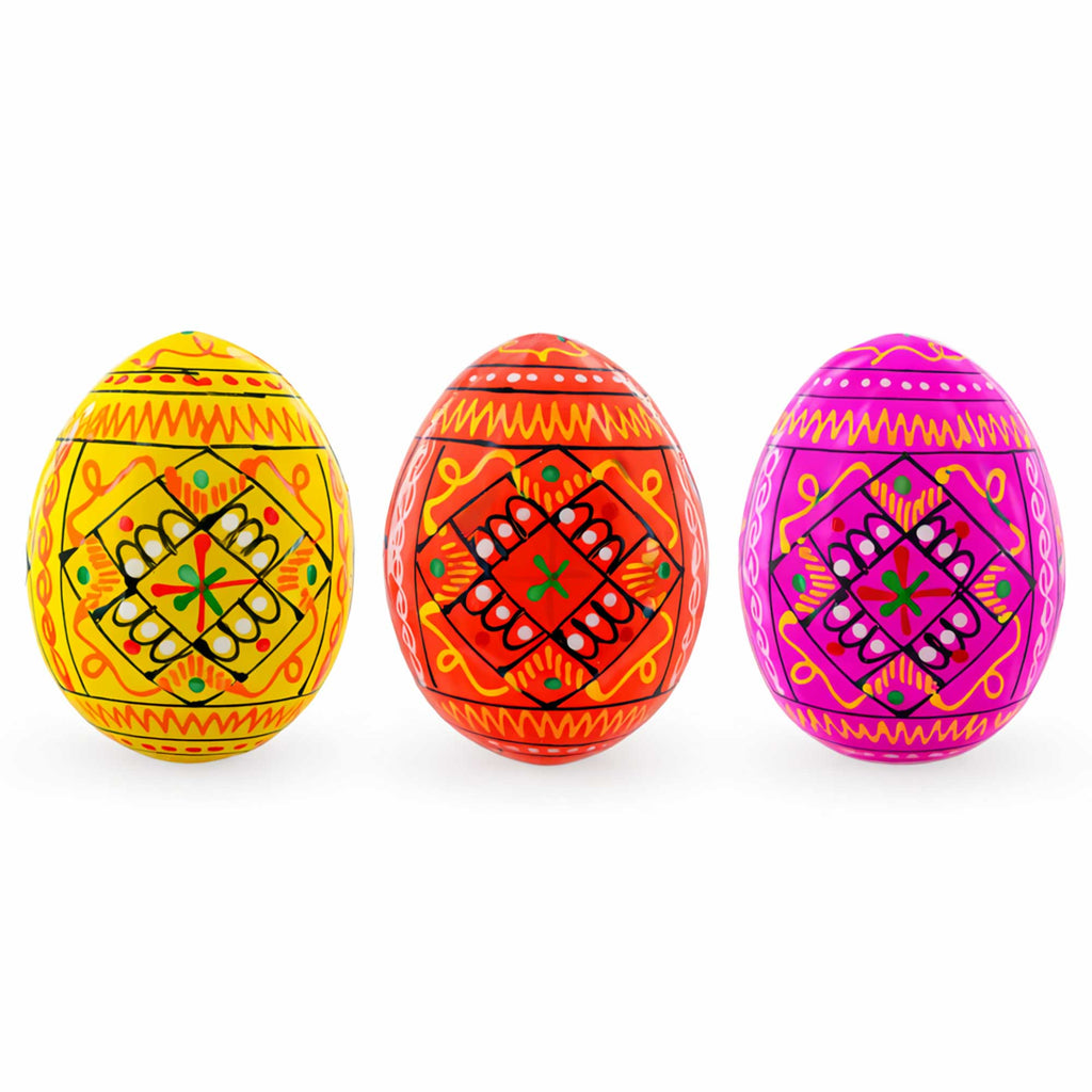 Set of 3 Yellow, Pink, Orange Geometric Ukrainian Pysanky Wooden Easter Eggs 2.5 Inches