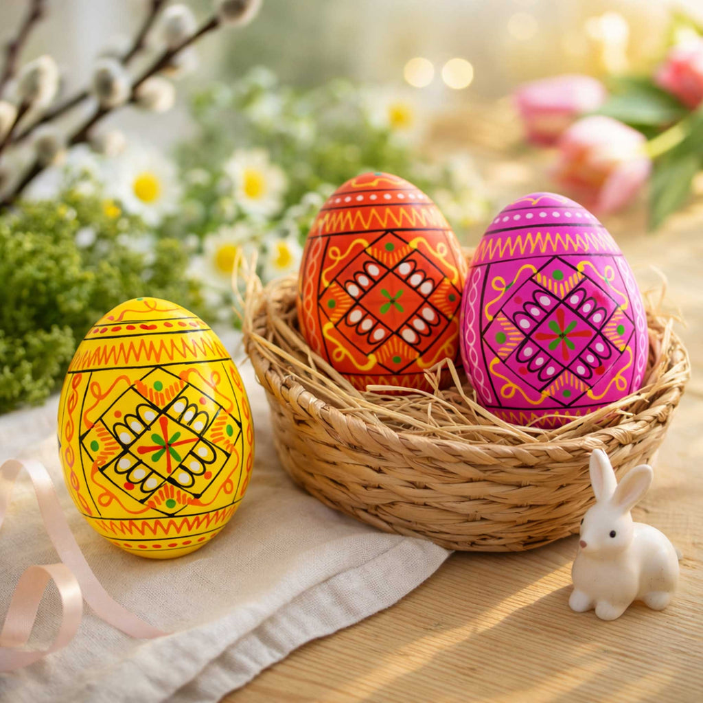 Set of 3 Yellow, Pink, Orange Geometric Ukrainian Pysanky Wooden Easter Eggs 2.5 Inches