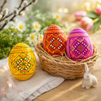 Set of 3 Yellow, Pink, Orange Geometric Ukrainian Pysanky Wooden Easter Eggs 2.5 Inches