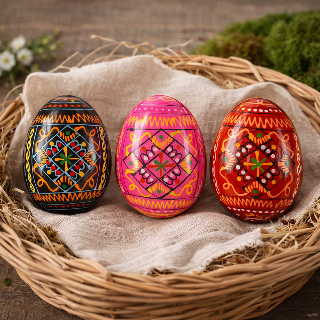 Set of 3 Red Shades Geometric Ukrainian Pysanky Wooden Easter Eggs 2.5 Inches