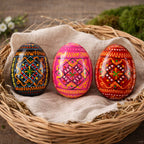 Set of 3 Red Shades Geometric Ukrainian Pysanky Wooden Easter Eggs 2.5 Inches