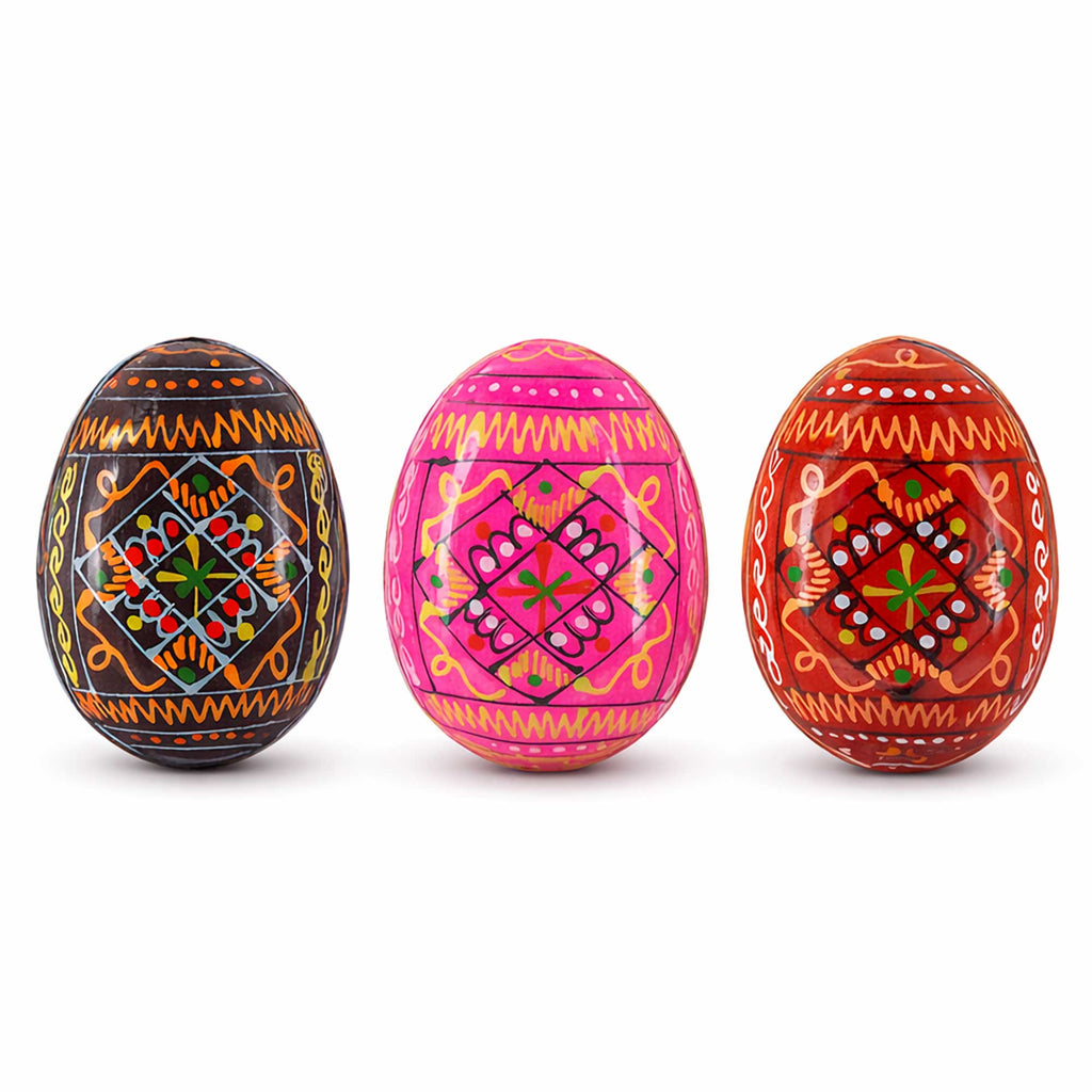 Set of 3 Red Shades Geometric Ukrainian Pysanky Wooden Easter Eggs 2.5 Inches