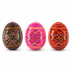 Set of 3 Red Shades Geometric Ukrainian Pysanky Wooden Easter Eggs 2.5 Inches