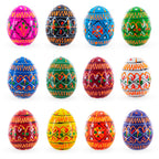 Set of 12 Mini Geometric Ukrainian Pysanky Wooden Easter Eggs 1.6 Inches