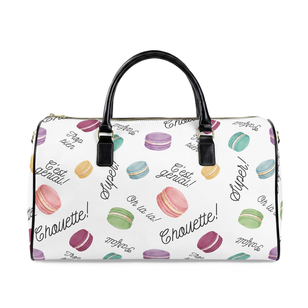 Macaron obsession Pattern faux Leather Travel Bag, French Patisserie Weekender Duffle Bags La Vie Bien Macaron obsession Pattern faux Leather Travel Bag, French Patisserie Weekender Duffle