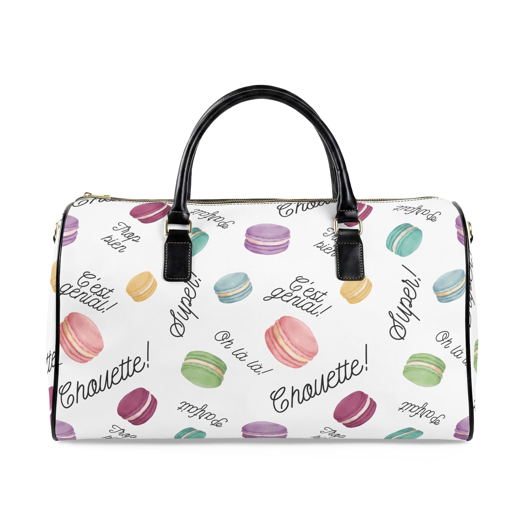 Macaron obsession Pattern faux Leather Travel Bag, French Patisserie Weekender Duffle Bags La Vie Bien Macaron obsession Pattern faux Leather Travel Bag, French Patisserie Weekender Duffle
