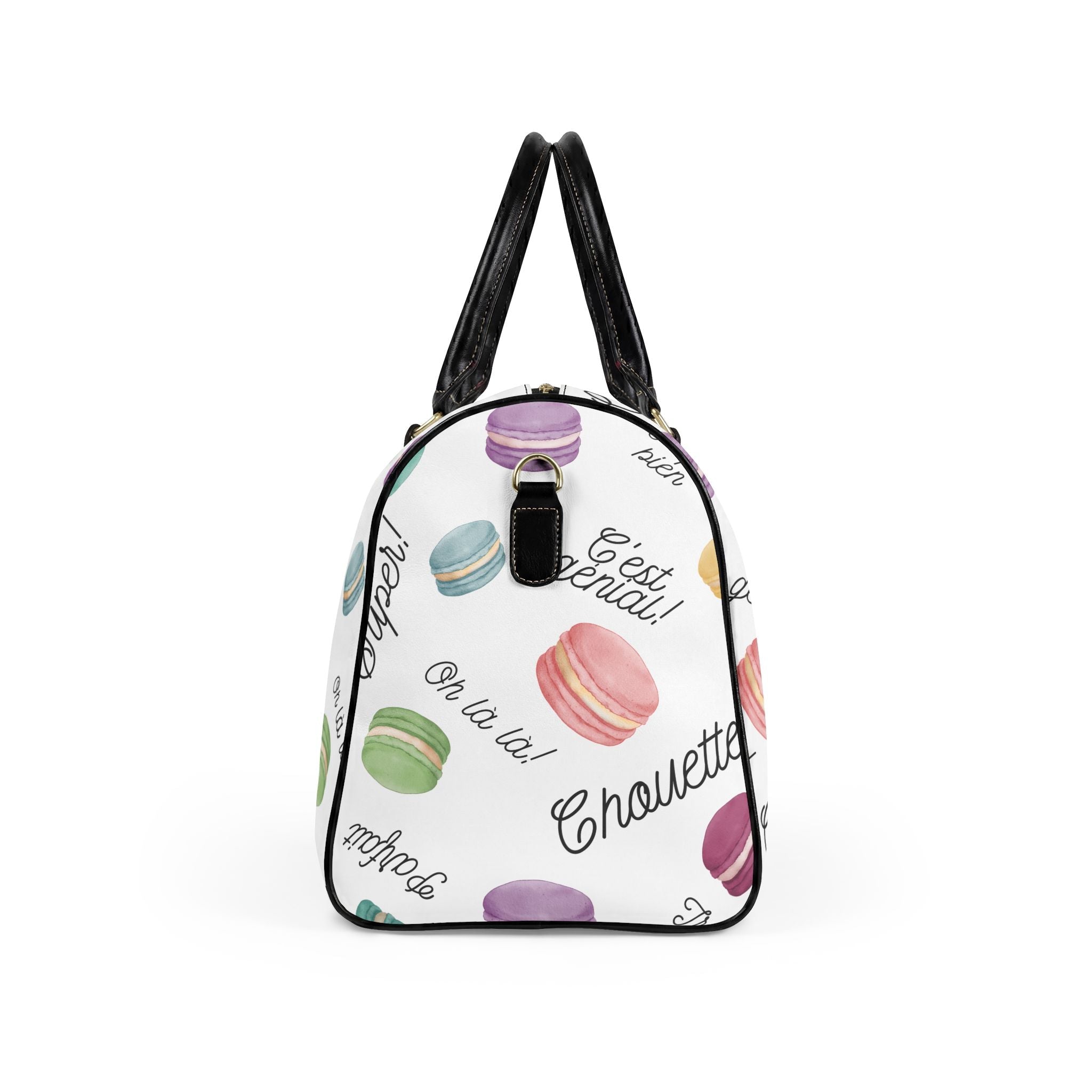 Macaron obsession Pattern faux Leather Travel Bag, French Patisserie Weekender Duffle Bags La Vie Bien Macaron obsession Pattern faux Leather Travel Bag, French Patisserie Weekender Duffle