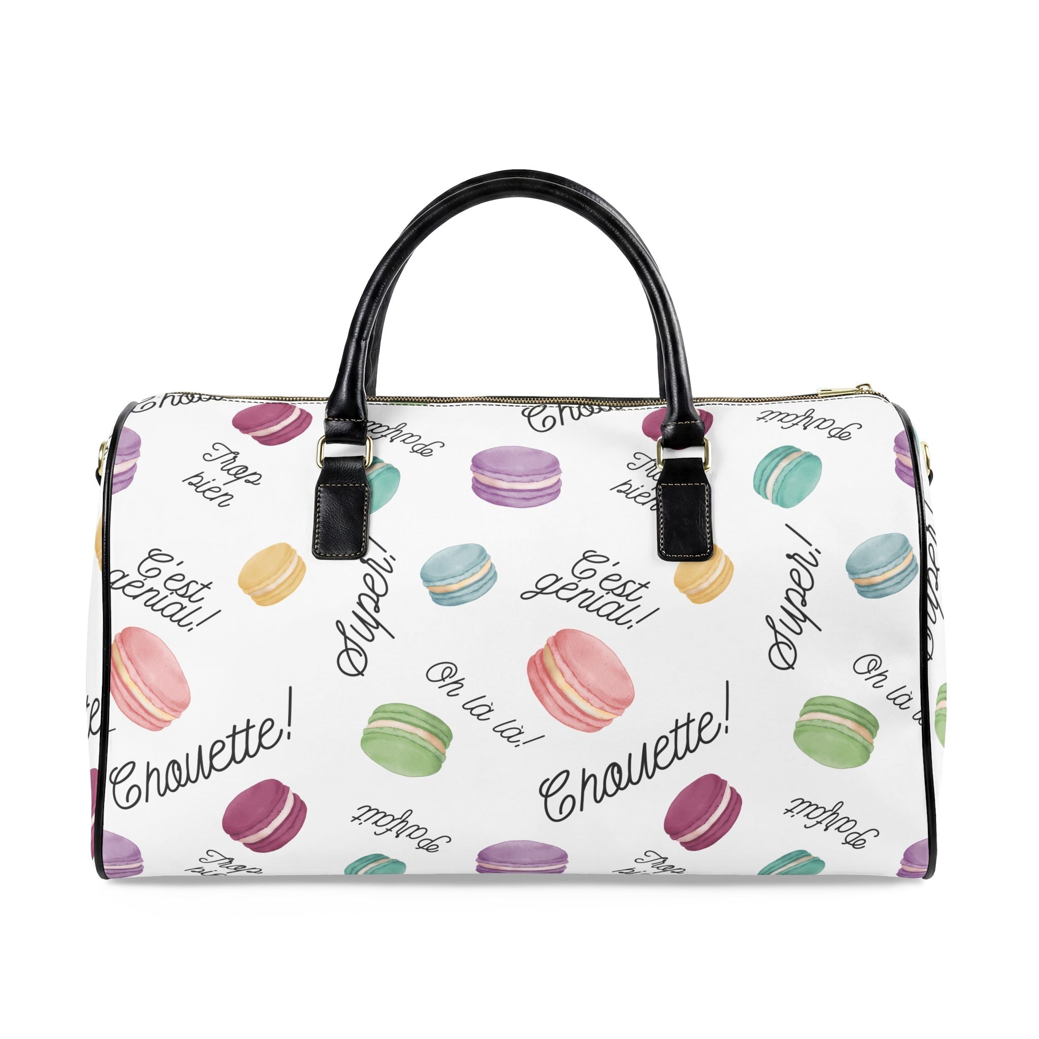 Macaron obsession Pattern faux Leather Travel Bag, French Patisserie Weekender Duffle Bags La Vie Bien Macaron obsession Pattern faux Leather Travel Bag, French Patisserie Weekender Duffle
