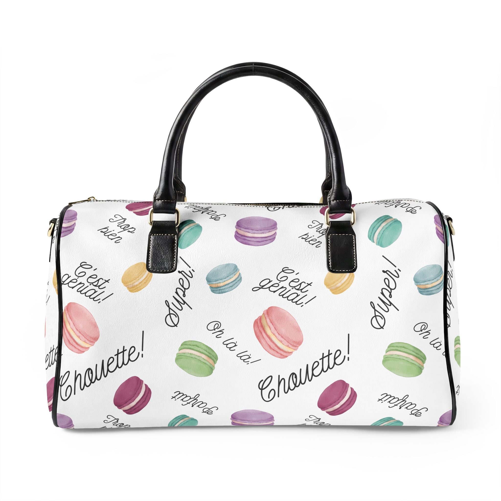 Macaron obsession Pattern faux Leather Travel Bag, French Patisserie Weekender Duffle Bags La Vie Bien Macaron obsession Pattern faux Leather Travel Bag, French Patisserie Weekender Duffle