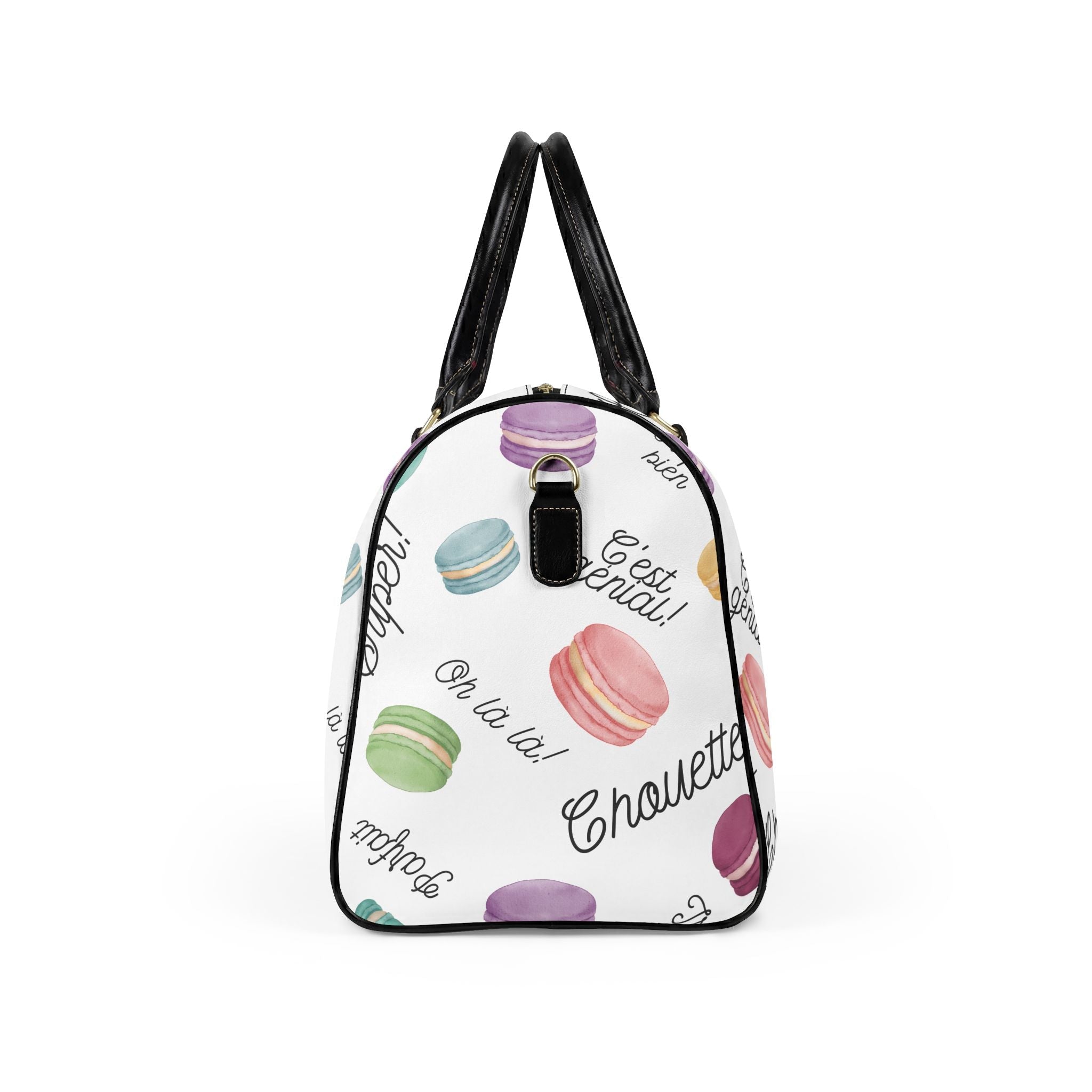 Macaron obsession Pattern faux Leather Travel Bag, French Patisserie Weekender Duffle Bags La Vie Bien Macaron obsession Pattern faux Leather Travel Bag, French Patisserie Weekender Duffle