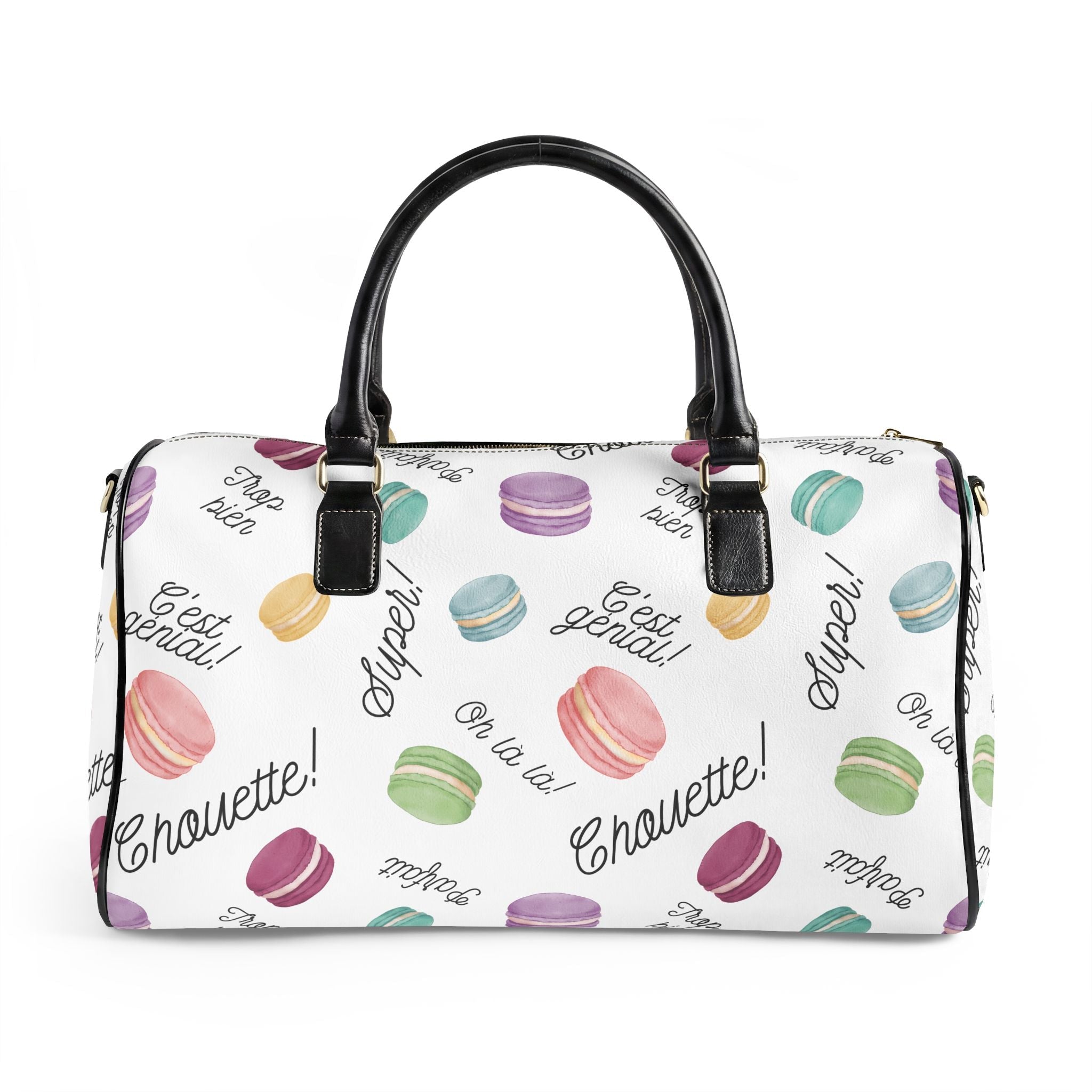 Macaron obsession Pattern faux Leather Travel Bag, French Patisserie Weekender Duffle Bags La Vie Bien Macaron obsession Pattern faux Leather Travel Bag, French Patisserie Weekender Duffle