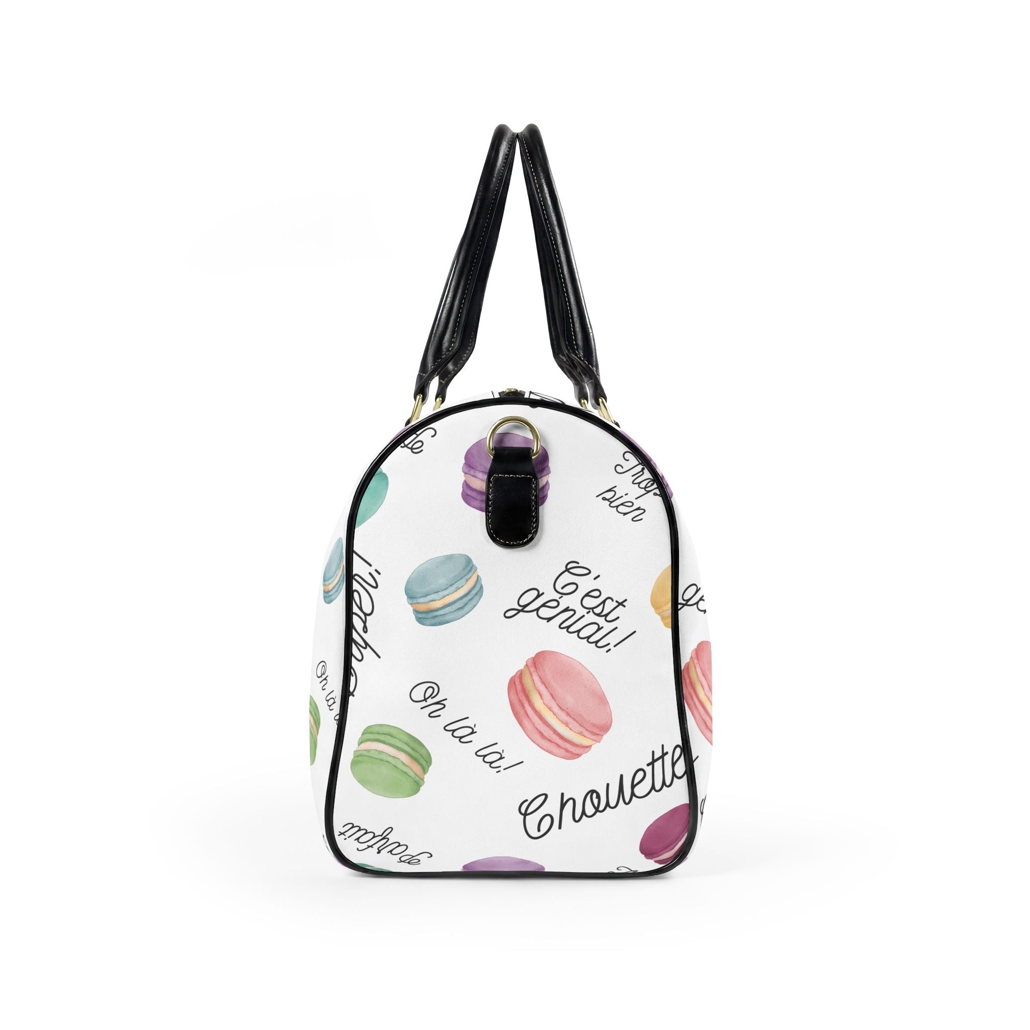 Macaron obsession Pattern faux Leather Travel Bag, French Patisserie Weekender Duffle Bags La Vie Bien Macaron obsession Pattern faux Leather Travel Bag, French Patisserie Weekender Duffle