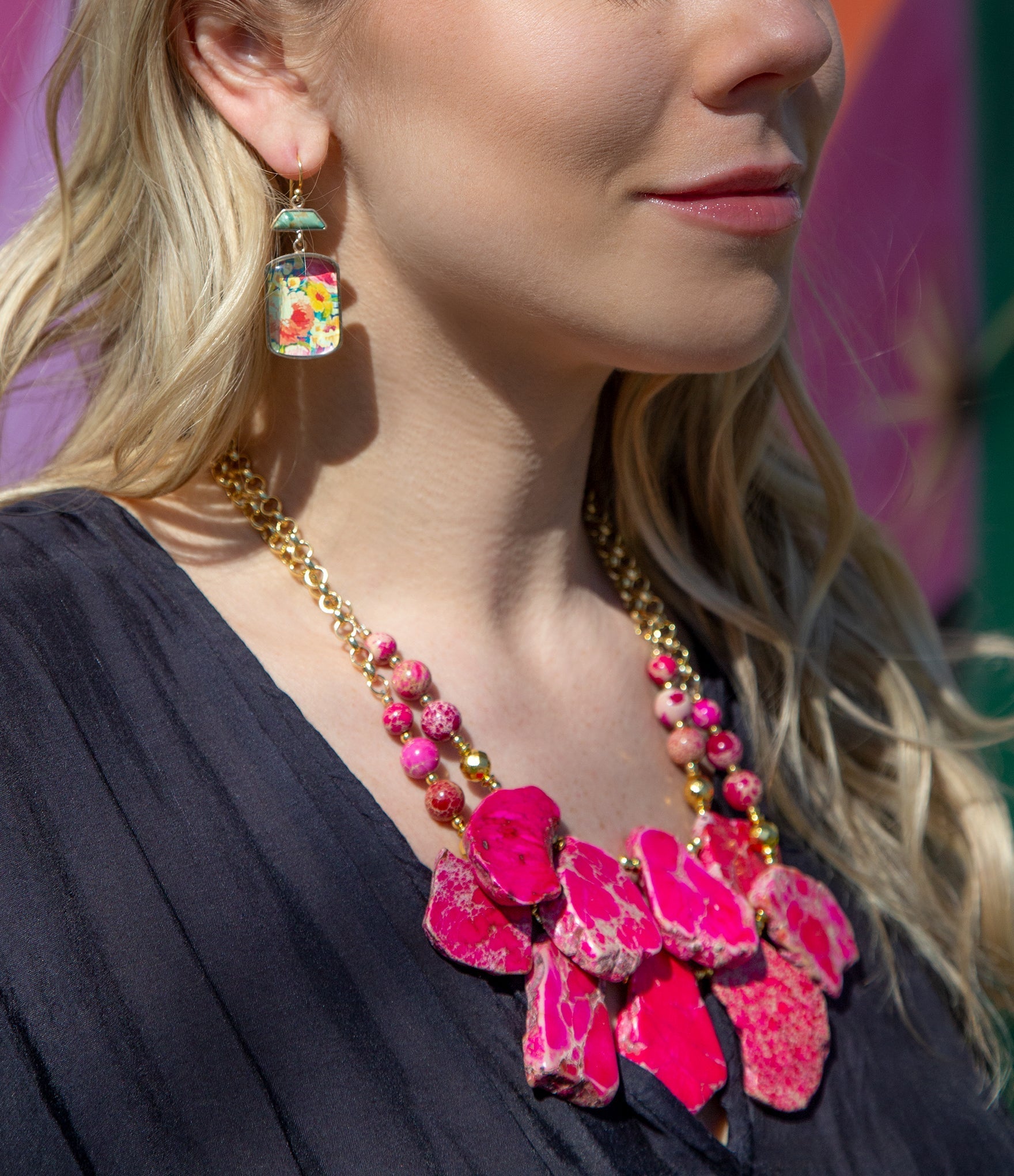 Pink Magenta Dreams Jasper and Goldtone Statement Necklace