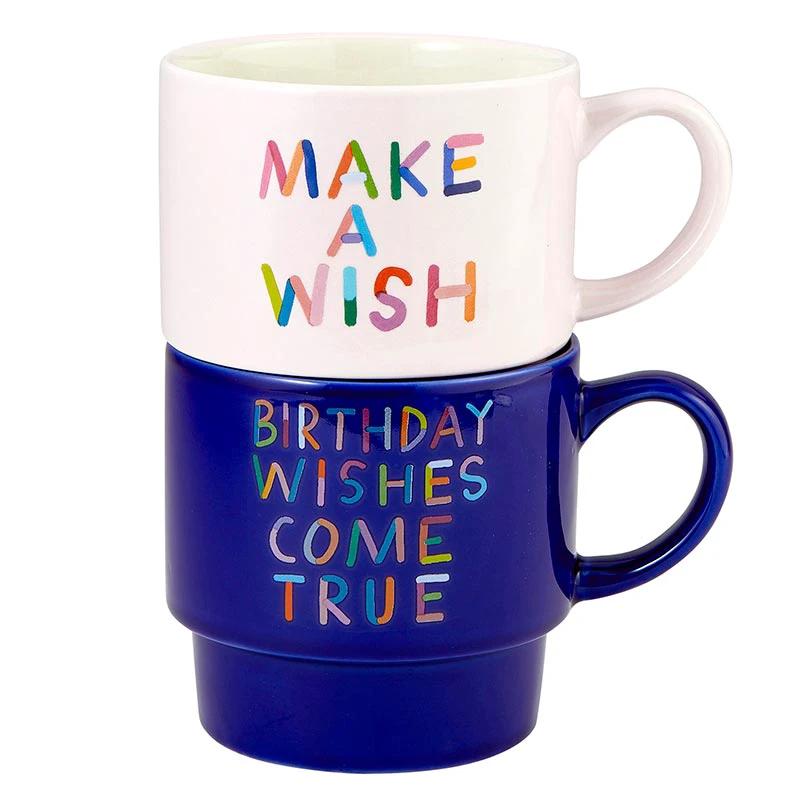 Make A Wish Birthday Stackable Ceramic Coffee/Tea Mugs | Set of 2 | Gift for Her by The Bullish Store