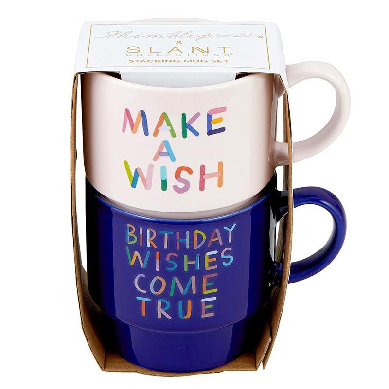 Make A Wish Birthday Stackable Ceramic Coffee/Tea Mugs | Set of 2 | Gift for Her by The Bullish Store