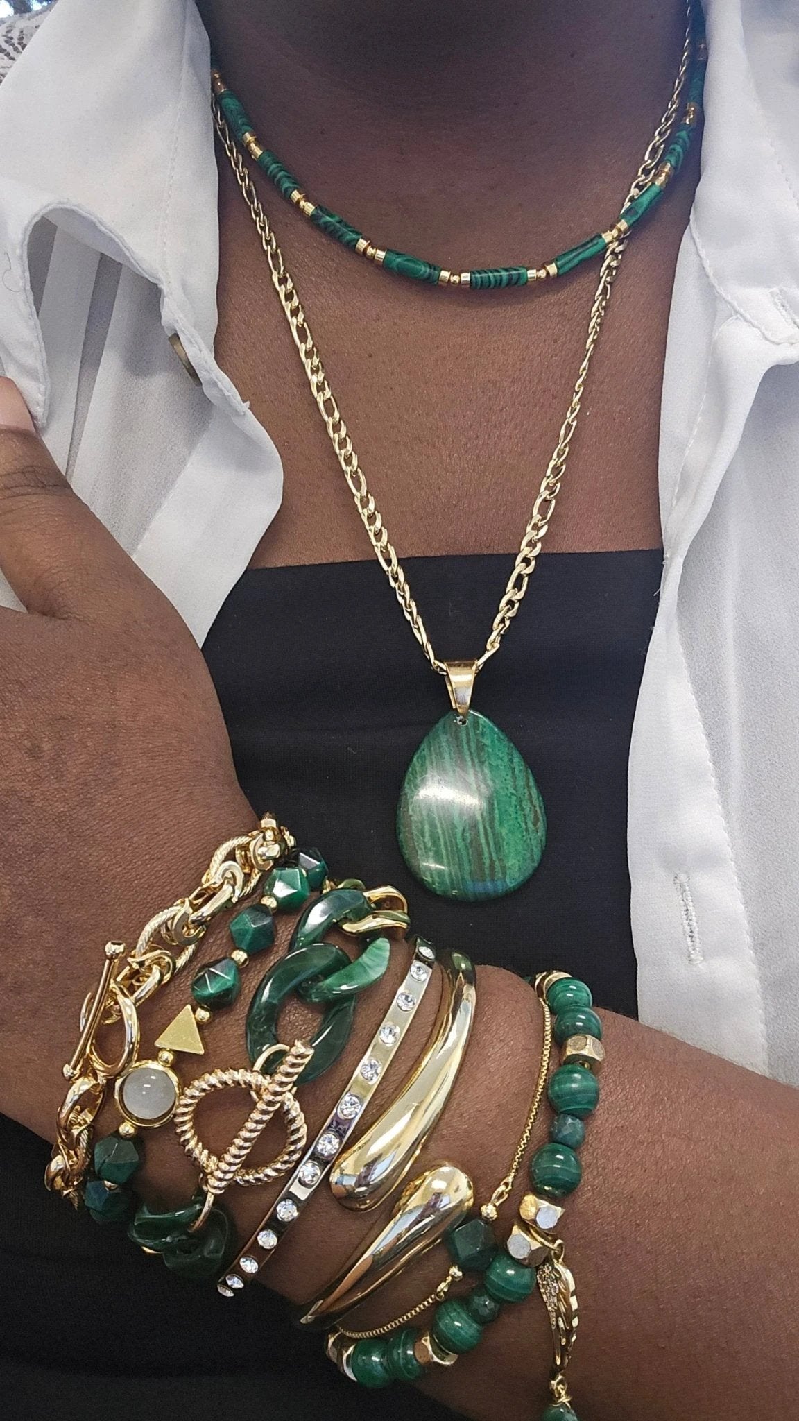Malachite and Gold Stainless Steel Choker Necklace