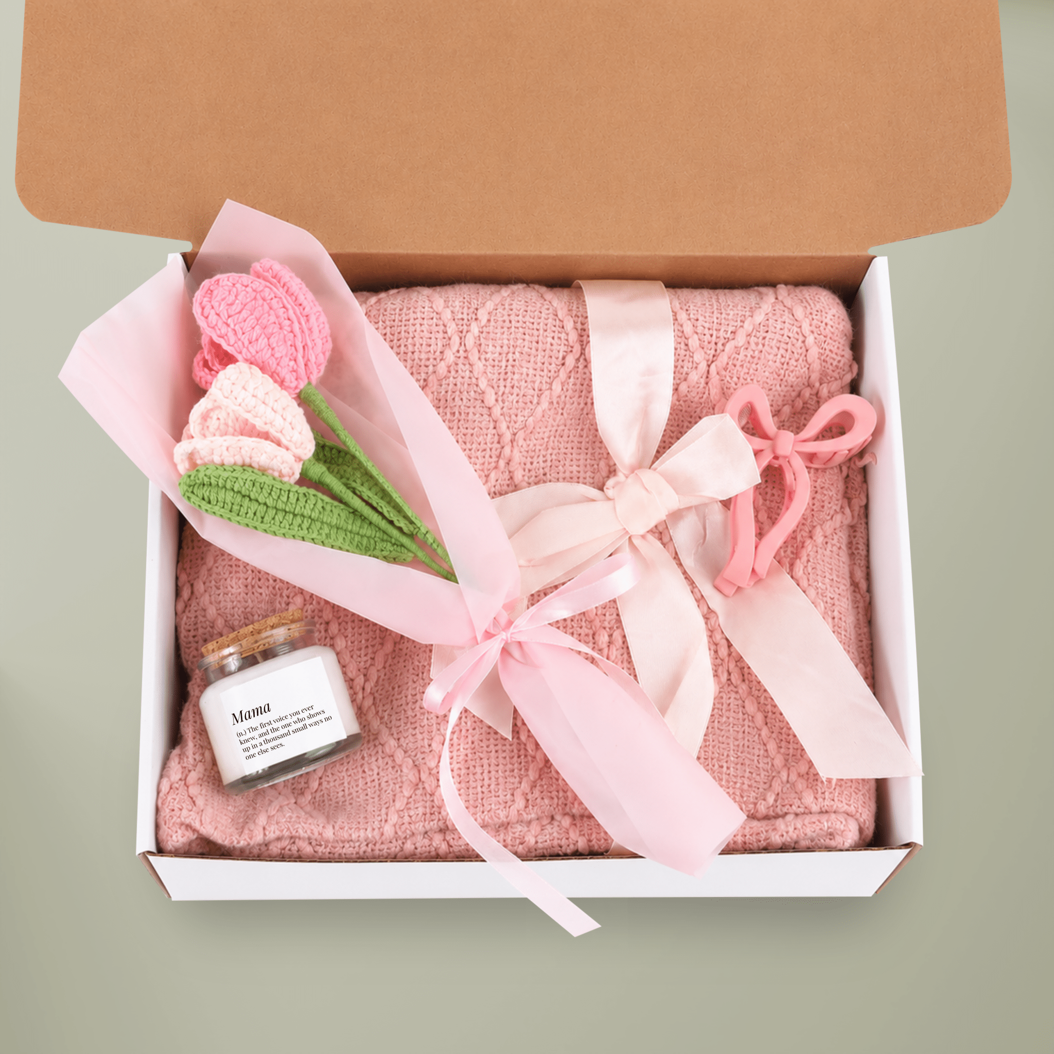 Mama Definition pink hygge Gift Set — White sage & lavender Candle, Blanket, Crochet Bouquet & Bow Clip Home Decor La Vie Bien Mama Definition pink hygge Gift Set — White sage & lavender Candle, Blanket, Crochet Bouquet & Bow Clip