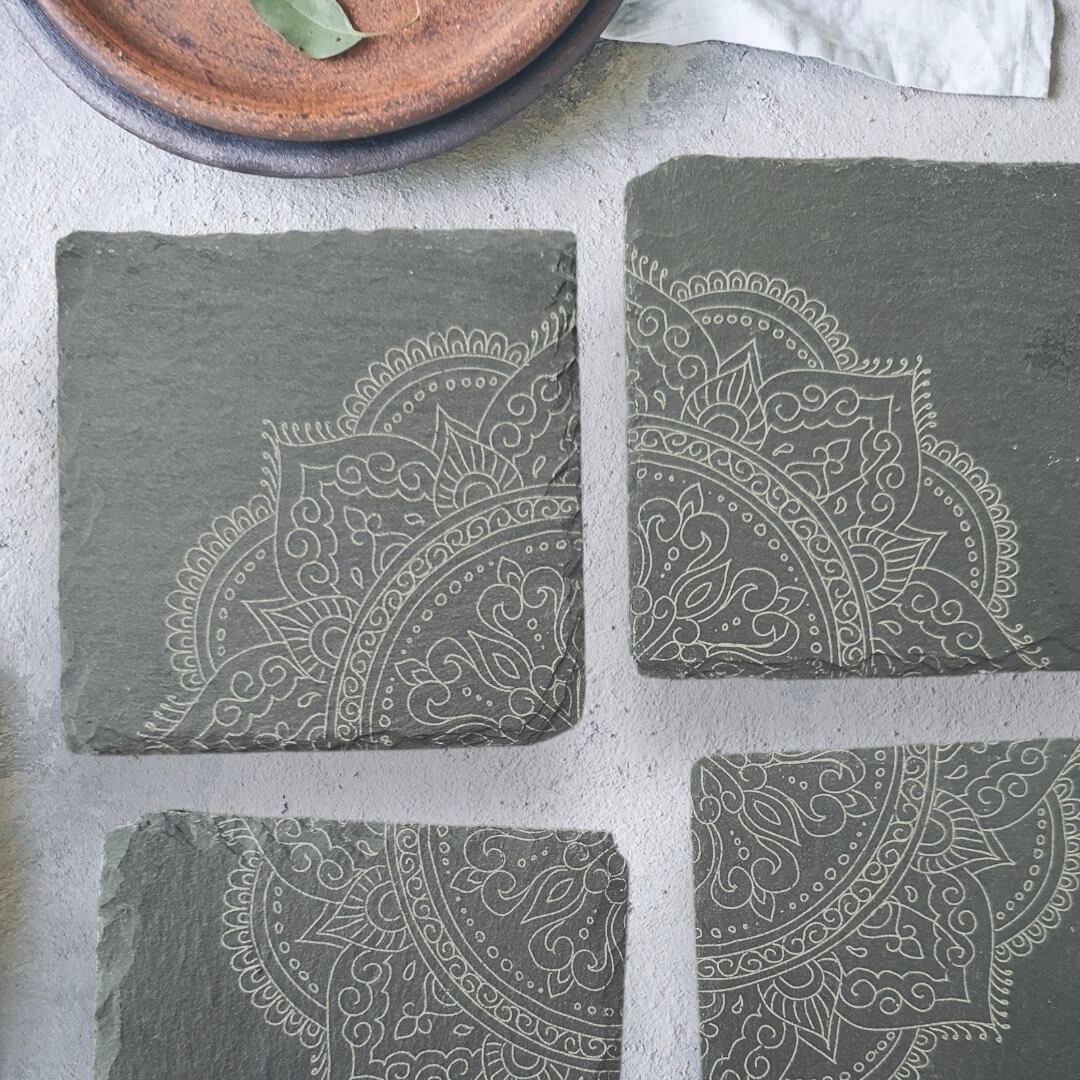 Mandala Slate Coasters| Modern Indian Inspired Tabletop Decor