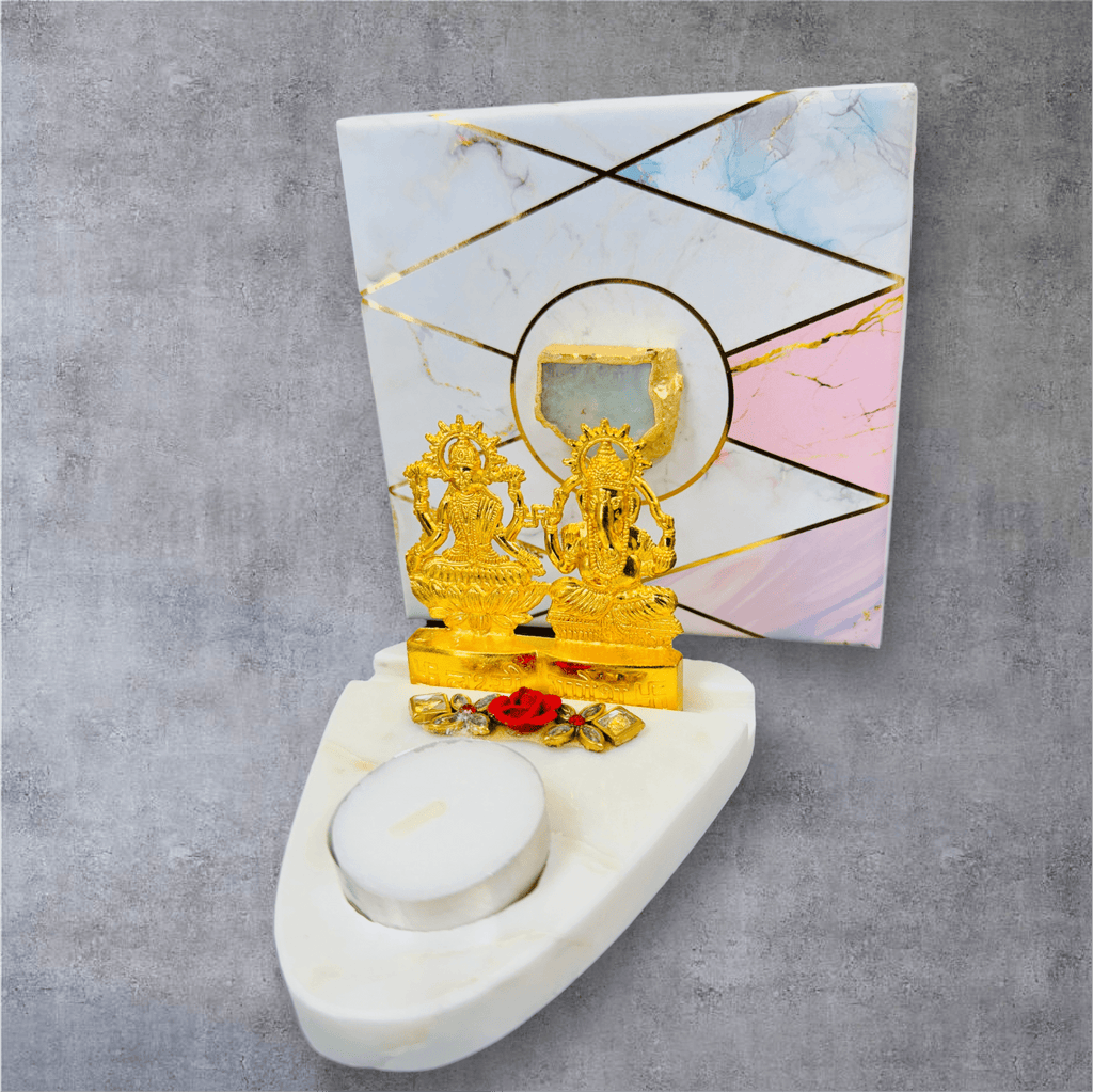 Marble T-Light Holder with Metal Laxmi Ganesh in Luxurious Gift Box La Vie Bien Marble T-Light Holder with Metal Laxmi Ganesh in Luxurious Gift Box