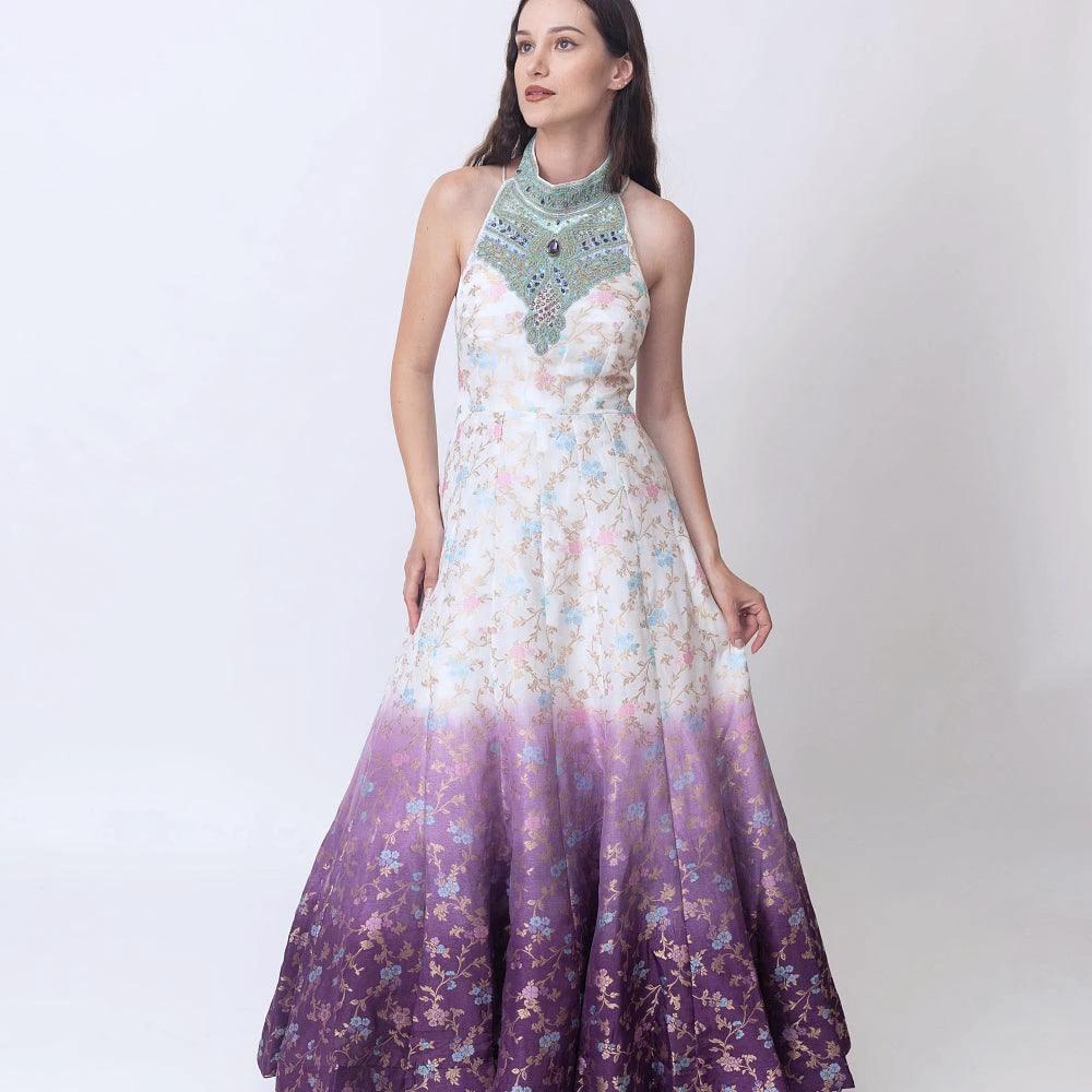 Maria Shaded Banarasi Jacquard Dress with Hand Embroidered Torso by Raas