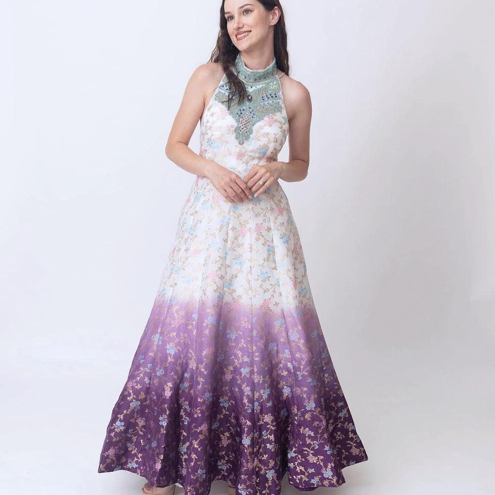 Maria Shaded Banarasi Jacquard Dress with Hand Embroidered Torso by Raas
