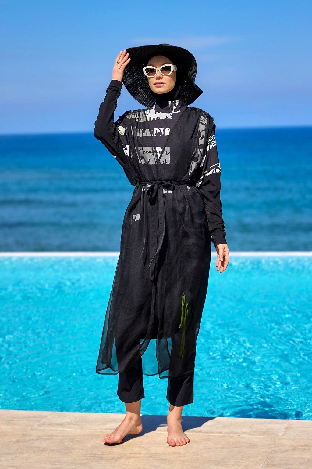 Marina Black Sleeveless Silky Kimono - P2502 Pareo La Vie Bien Marina Black Sleeveless Silky Kimono - P2502