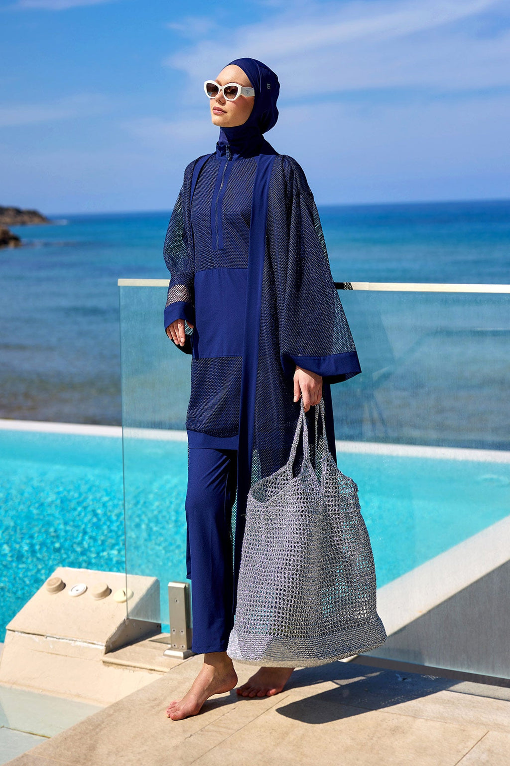 Navy Full Length Modest Mesh Kimono – Lightweight Islamic Swim Cover P2501-2