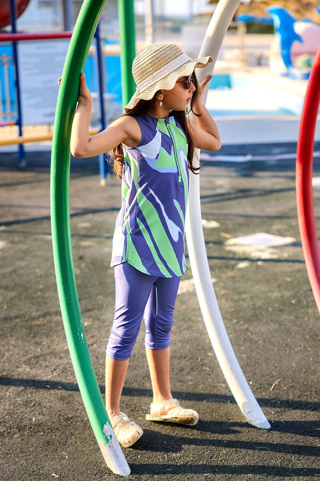 Marina UPF50+ Girls Modest Swimwear - Green/Navy Blue - C2503