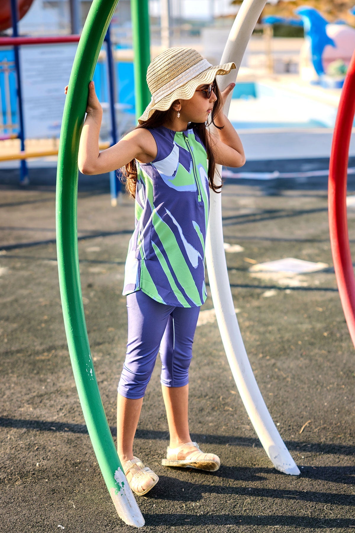 Marina UPF50+ Girls Modest Swimwear - Green/Navy Blue - C2503