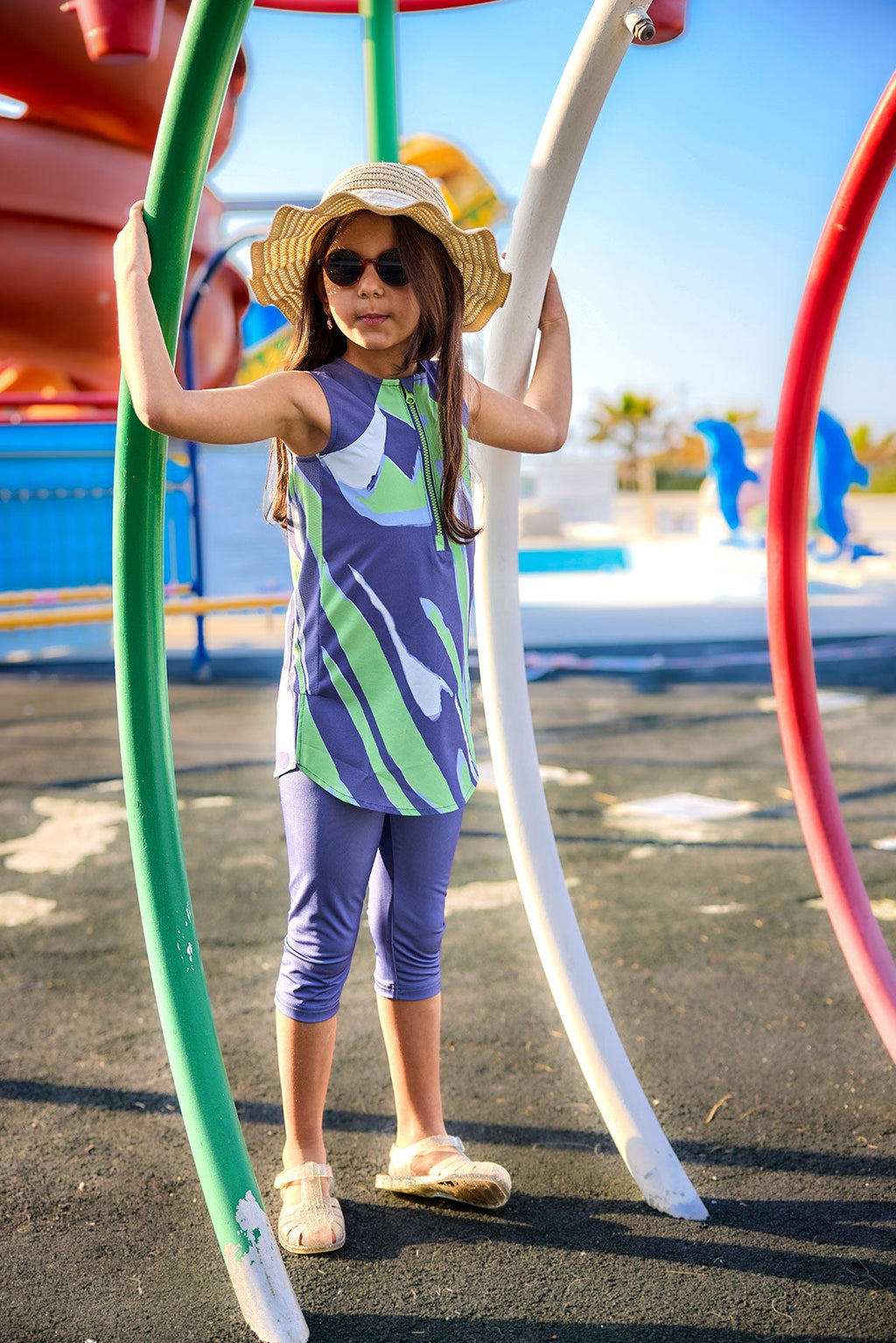 Marina UPF50+ Girls Modest Swimwear - Green/Navy Blue - C2503
