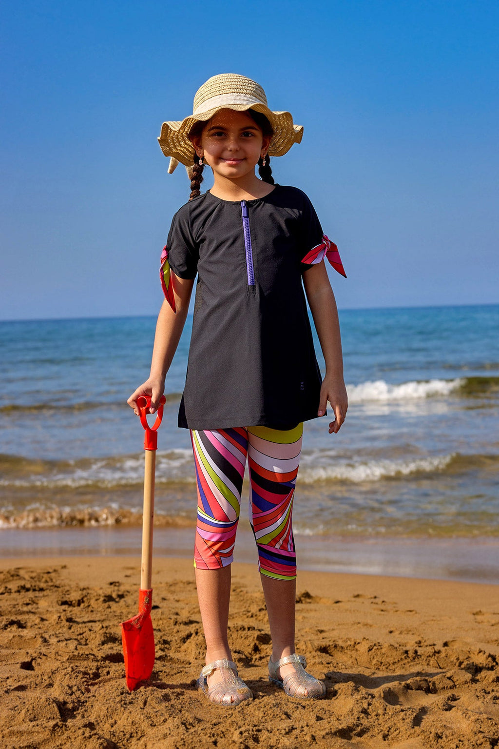 Marina UPF50+ Protective Girls Modest Swimsuit – Black Rainbow C2507