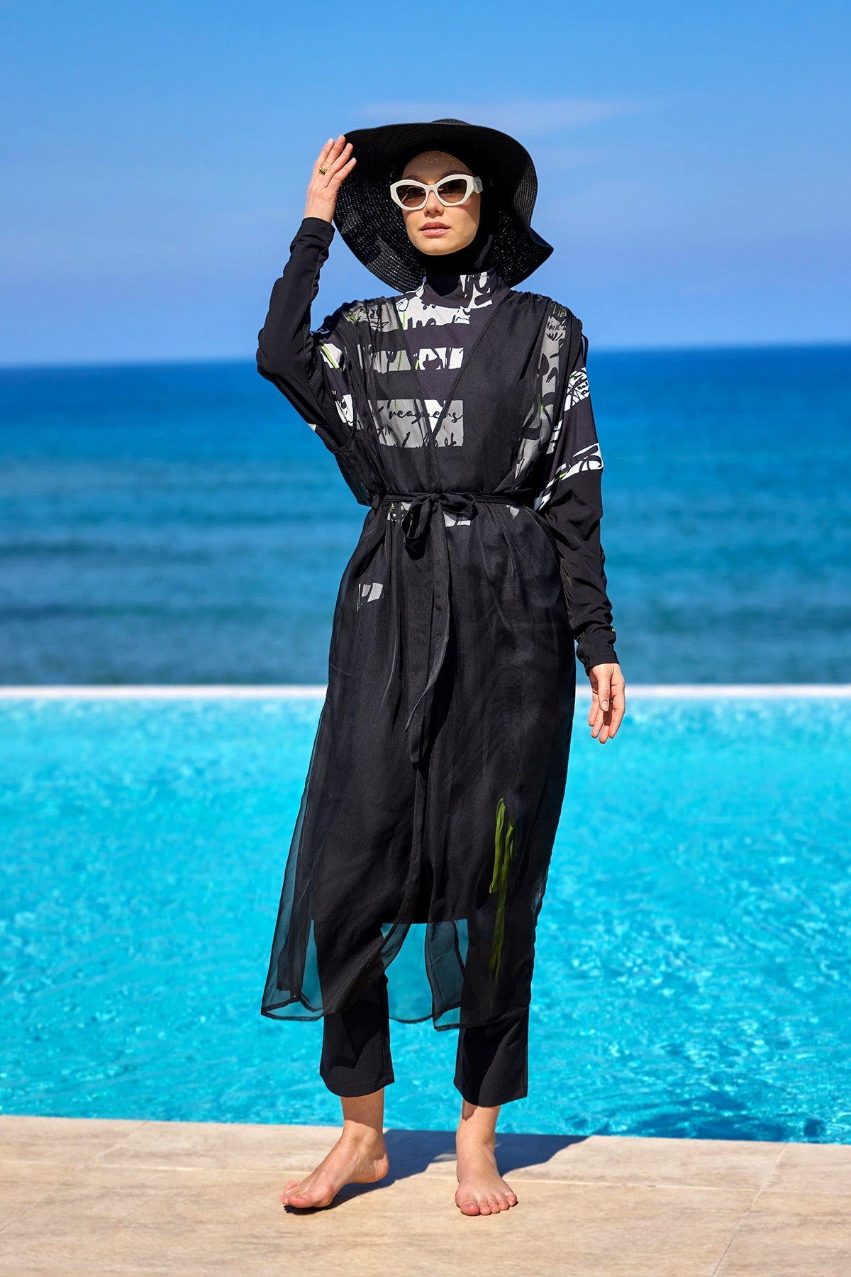 Marina Black Sleeveless Silky Kimono - P2502