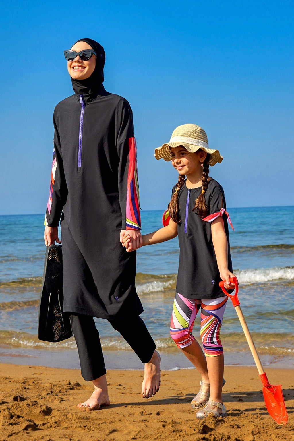 Marina UPF50+ Protective Girls Modest Swimsuit – Black Rainbow C2507 Kız Çocuk Mayo La Vie Bien Marina UPF50+ Protective Girls Modest Swimsuit – Black Rainbow C2507