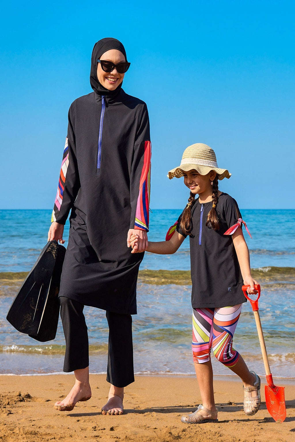 Marina UPF50+ Protective Girls Modest Swimsuit – Black Rainbow C2507 Kız Çocuk Mayo La Vie Bien Marina UPF50+ Protective Girls Modest Swimsuit – Black Rainbow C2507