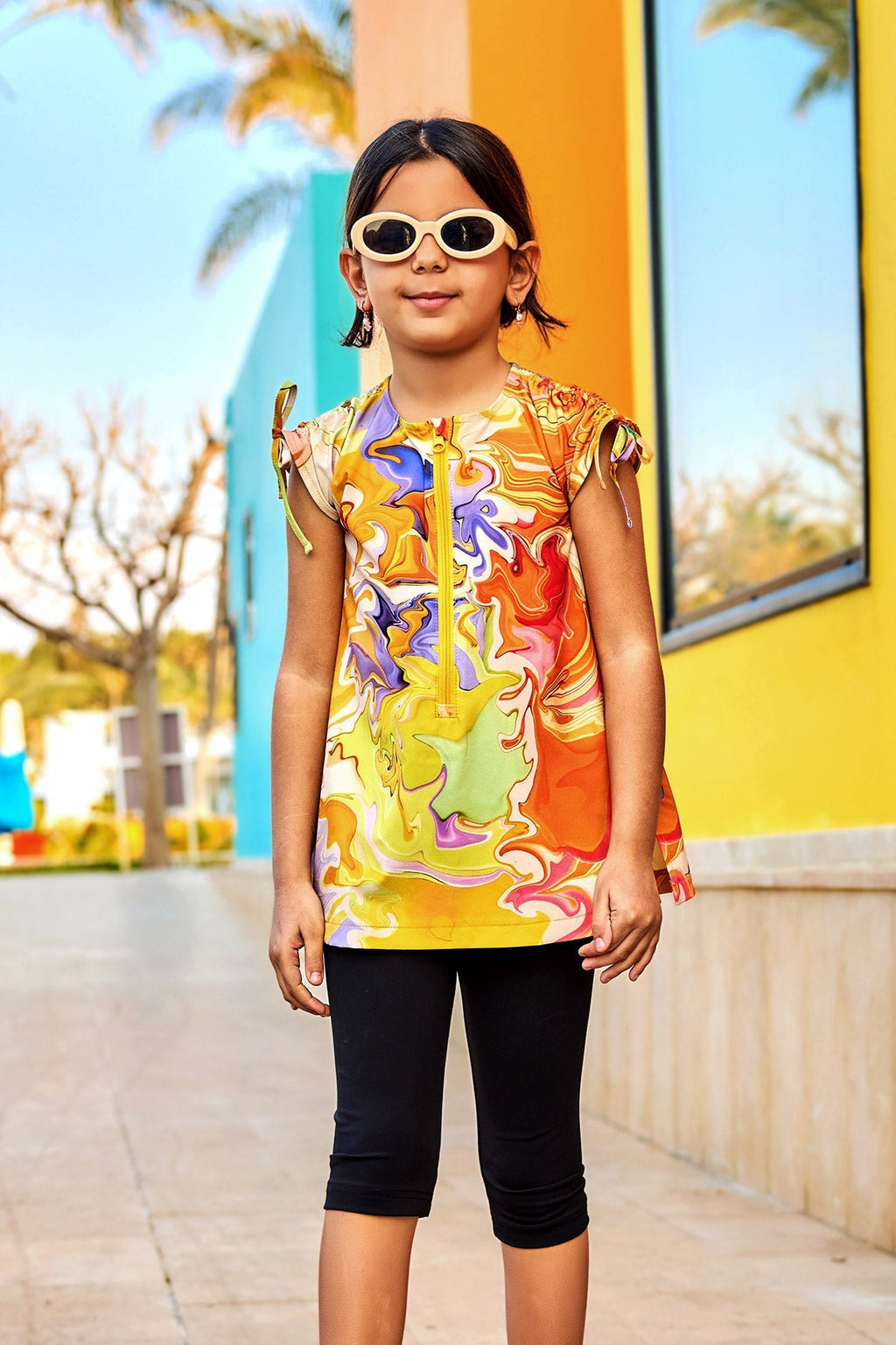 Marina UPF50+ UV Protected Modest Girls Modest Swimsuit – Marble Yellow C2504 Kız Çocuk Mayo La Vie Bien Marina UPF50+ UV Protected Modest Girls Modest Swimsuit – Marble Yellow C2504
